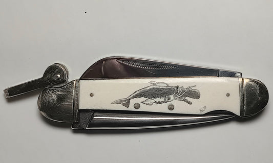 Scrimshawed Marlin Spike "Whale vs Squid"