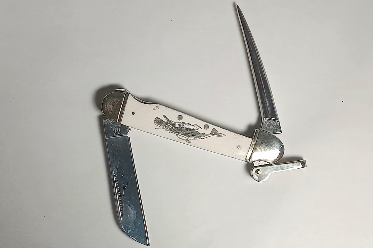 Scrimshawed Marlin Spike "Whale vs Squid"